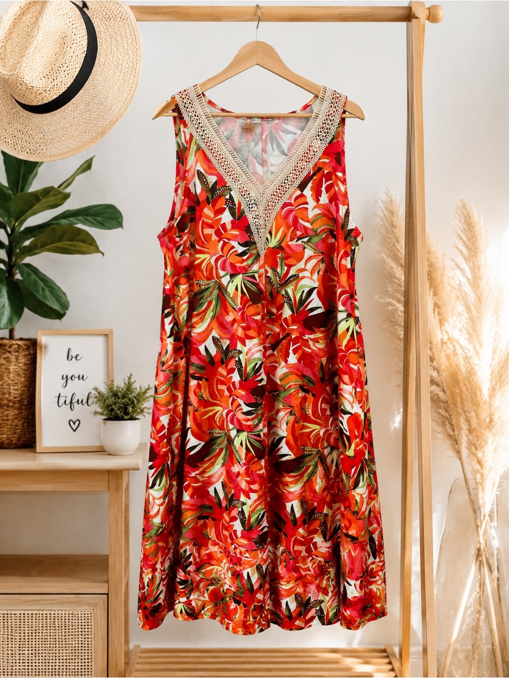 SimpleFun XL Tropical Floral Crochet V-Neck Sleeveless Summer Dress